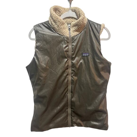 Patagonia Vest Women's Large Fleece Oatmeal Retro Deep Pile Reversible Los Lobos - Picture 2 of 6